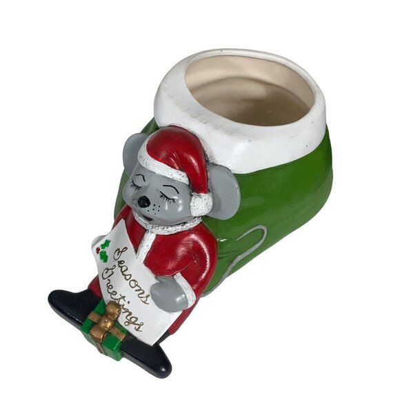 Vintage Ceramic Christmas Mouse Seasons Greetings Planter Candy Dish Bowl